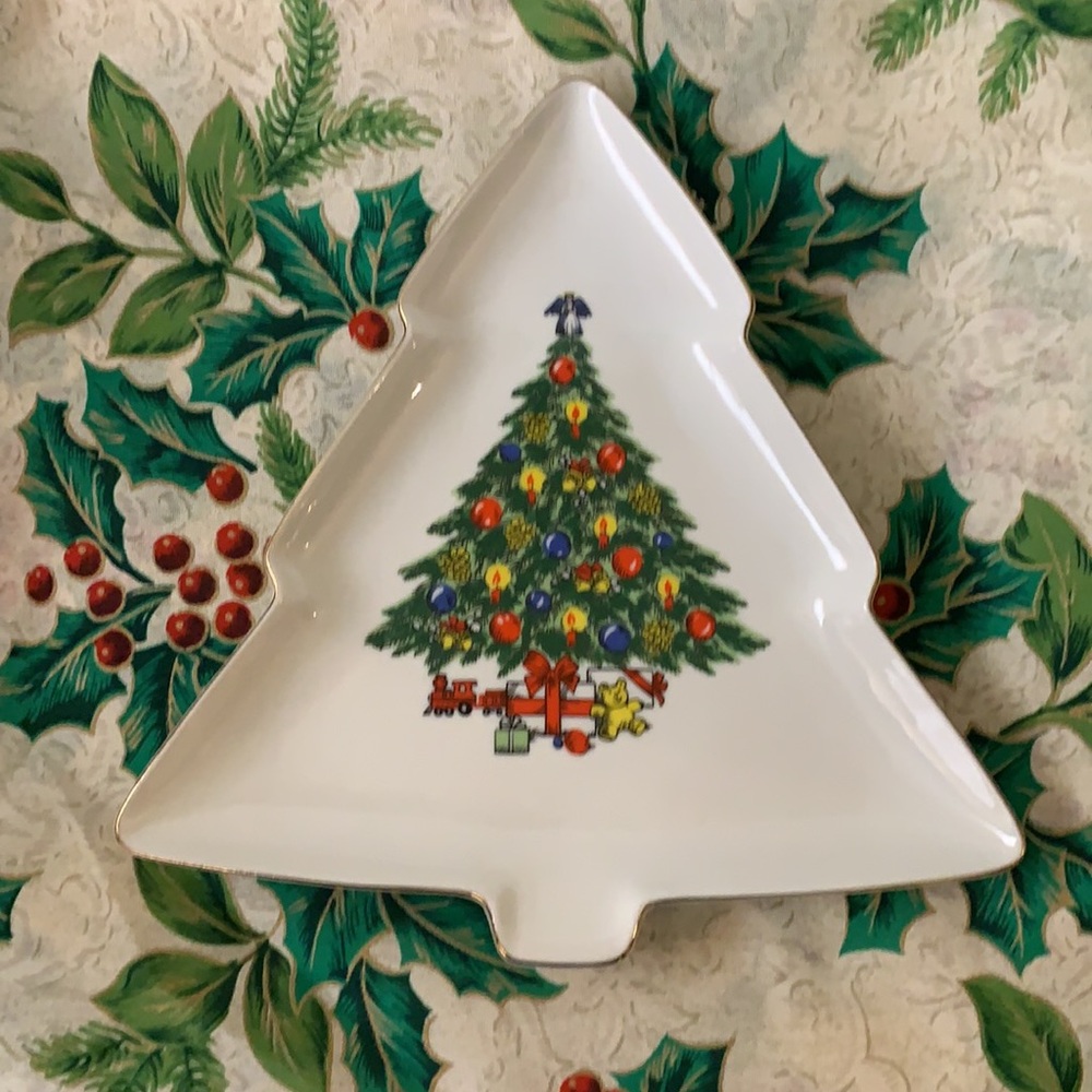 VTG Jamestown Christmas Tree Shaped Serving Plate Dish Porcelain Gold Plated - Picture 1 of 4